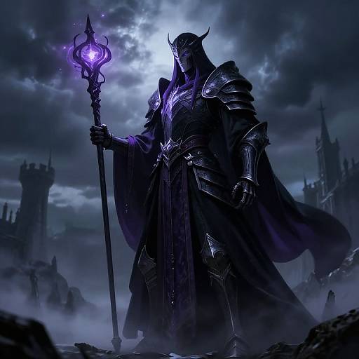 Dark fantasy digital art: Armored knight with glowing purple staff, horned helmet, and flowing cloak, stands against a stormy, castle-filled night