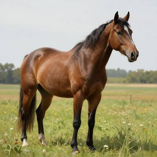 Photograph of a sleek, brown horse with a black mane and tail, standing in a sunny, grassy field with wildflowers.