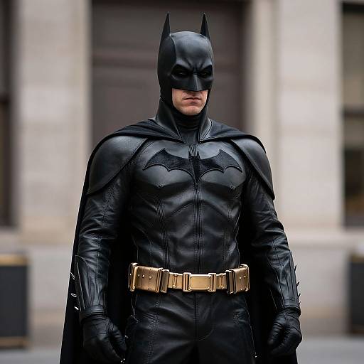 Photograph of Batman in black leather suit with bat emblem, gold belt, black mask, standing in urban background.