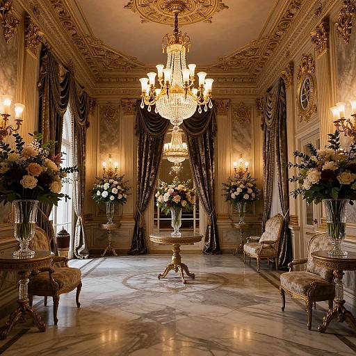 Opulent ballroom photograph with golden chandeliers, ornate ceiling, marble floor, draped windows, luxurious floral arrangements, and elegant upholstered chairs