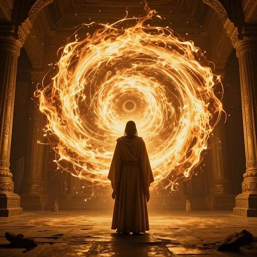 Photograph-like digital art of a hooded figure in a dark cloak standing before a swirling, fiery vortex in an ancient, dimly-lit temple