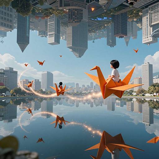 Children Riding Giant Origami Cranes