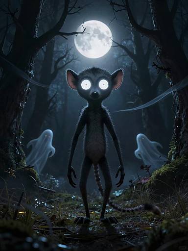 Digital art: Dark forest at night with full moon, glowing-eyed, black-furred creature standing center, two ghostly figures flanking sides.