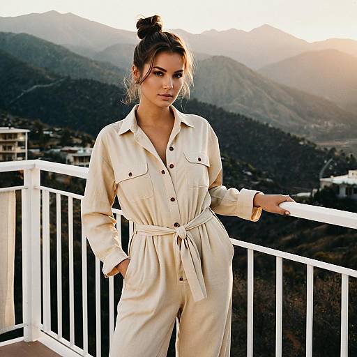 Young Woman in Beige Jumpsuit on Balcony at Sunset