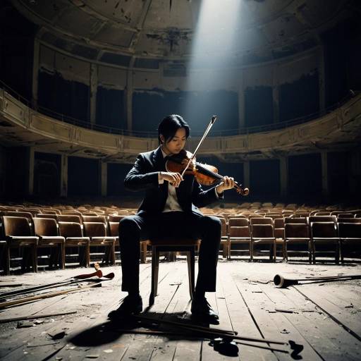 Solemn Violinist in Dusty Concert Hall