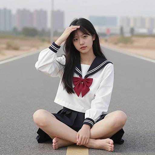 Young Asian Woman in Sailor Outfit Sitting on Road