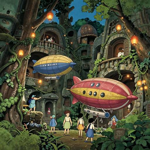 Fantasy illustration of a whimsical, tree-covered village at night with two colorful airships, lanterns, and five girls in vintage dresses.