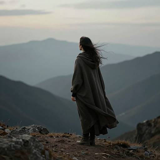 Photograph of a lone figure with long dark hair, wearing a flowing dark cloak, standing on a rocky mountain peak, facing misty, layered mountain