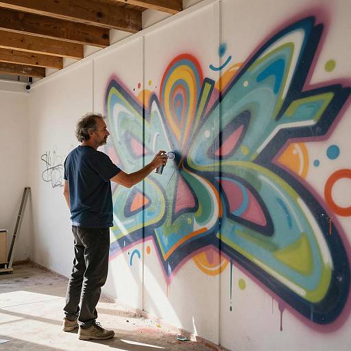 Middle-Aged Man Creating Vibrant Graffiti