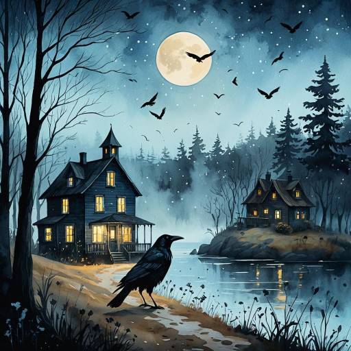 Crow by Moonlit Foggy Forest