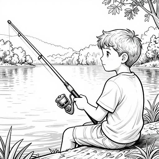 Black-and-white digital illustration of a young boy fishing by a serene lake, sitting on a rock, wearing a t-shirt and shorts.
