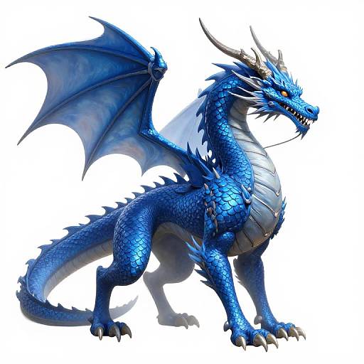 Digital artwork of a fierce blue dragon with sharp horns, spiky scales, large wings, and glowing red eyes, standing against a white background.