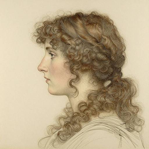 Digital drawing of a side profile, curly brown-haired woman with fair skin and soft features, wearing a light-colored shirt.