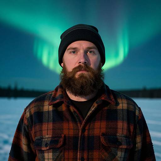 Photograph of bearded man with black beanie, plaid shirt, standing in snowy landscape, staring ahead at vivid green aurora borealis.