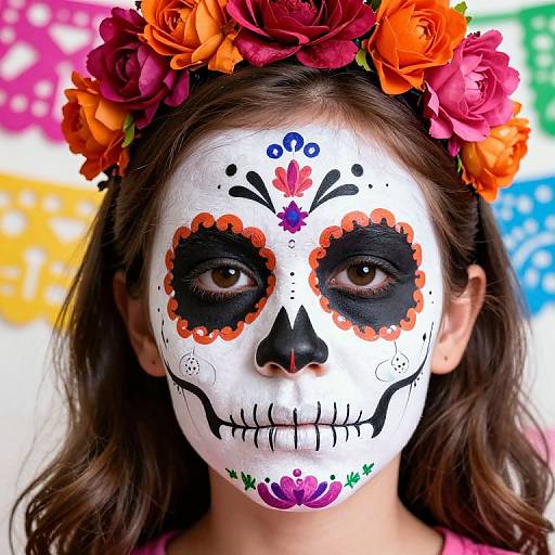 Photograph of a young girl with white face paint, black eye sockets, orange and red floral headpiece, and colorful Day of the Dead makeup.