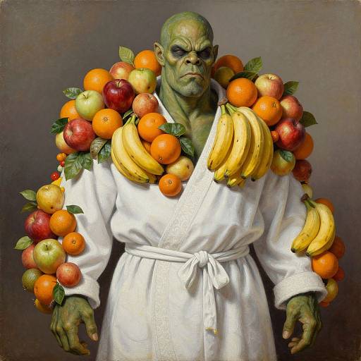 Photorealistic digital art of a green-skinned, muscular, bald orc wearing a white robe, heavily adorned with a variety of colorful fruits including oranges