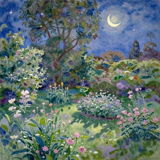 Whimsical watercolor painting of a moonlit garden with a crescent moon, tall trees, vibrant flowers, and glowing candles in the foreground.