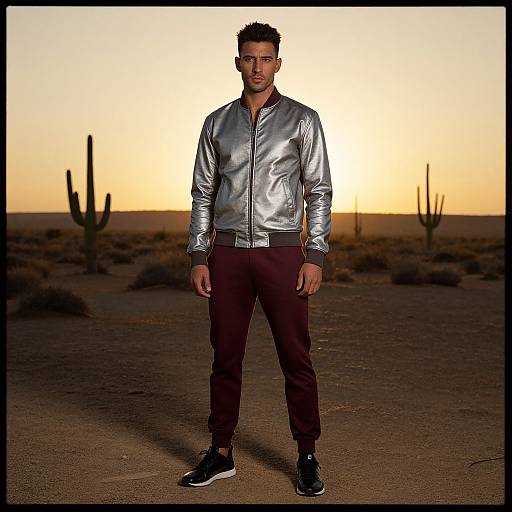 Man in Reflective Tech Jacket at Sunset