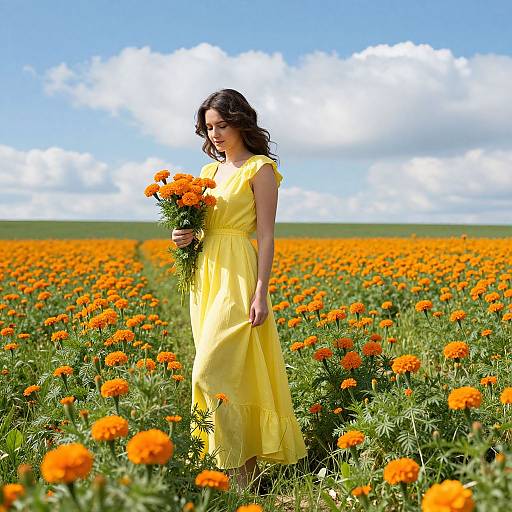Photograph of a brunette woman in a yellow dress holding orange marigolds, standing in a vast, sunlit field of blooming marigolds