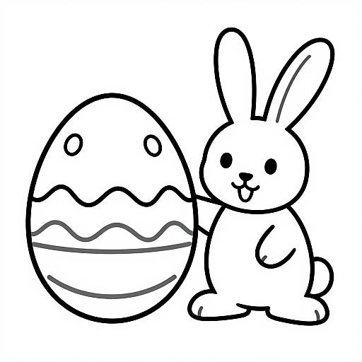 Black and white line drawing of a cute bunny with large ears, sitting next to a decorated Easter egg with wavy lines.