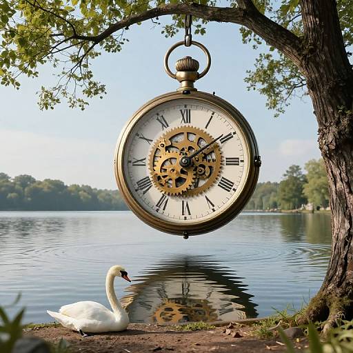 Photograph of a large, antique pocket watch hanging from a tree branch over a lake, with a white swan swimming below.