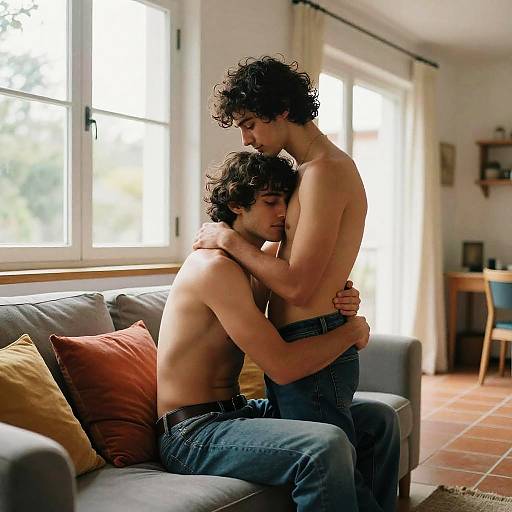 Intimate Embrace in Sunlit Room