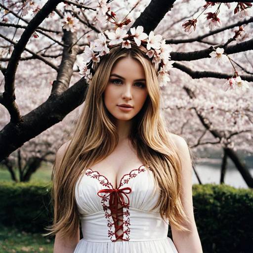 Woman in Love Goddess Costume with Cherry Blossom Wreath