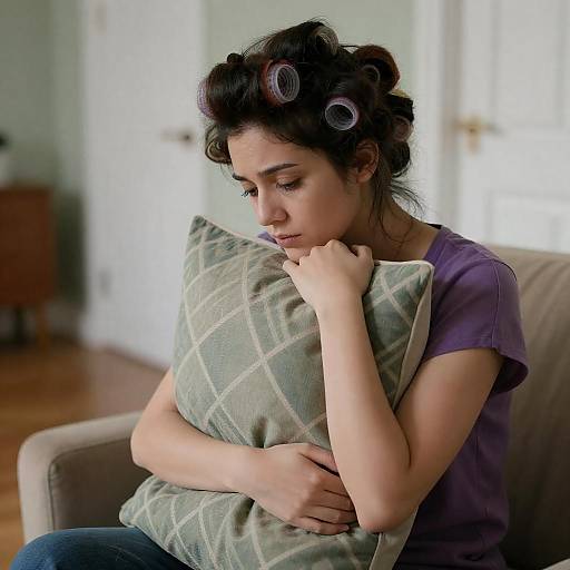 Contemplative Woman with Pillow in Curlers