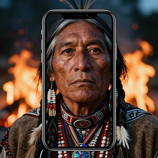 Photograph of elderly indigenous woman with deep wrinkles, long gray hair, wearing traditional beaded jewelry and attire, framed by rectangle, fiery background.