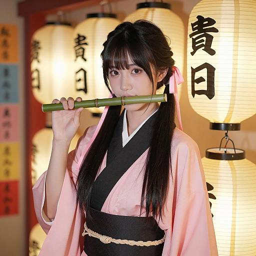 East Asian Woman in Pink Kimono Holding Bamboo Stick