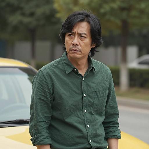 Serious Man Beside a Yellow Car