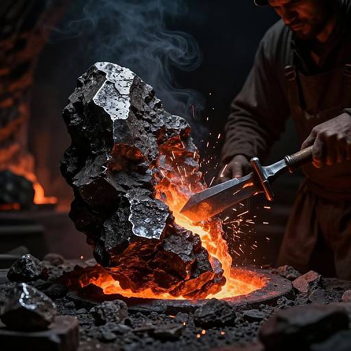Photograph of a blacksmith hammering glowing hot iron with sparks, surrounded by fiery orange coal and dark, rugged stone in a dimly lit workshop