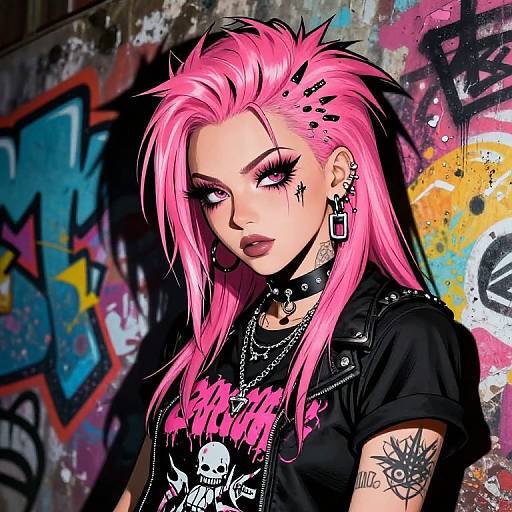 Digital art of a punk girl with bright pink hair, black leather jacket, and spiked accessories, standing against colorful graffiti wall.