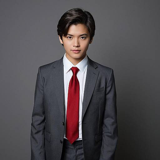 Young Man in Grey Suit with Red Tie