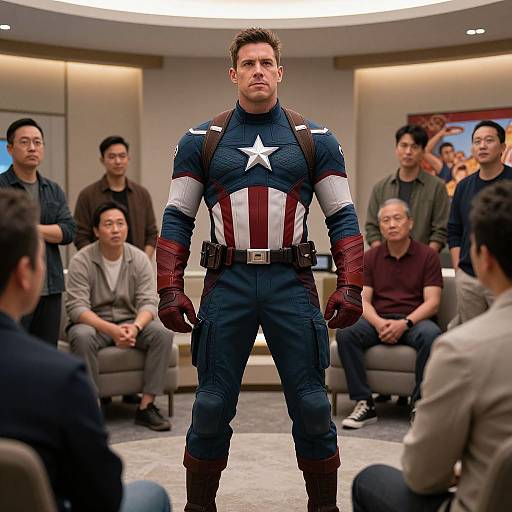 Photograph of a muscular man in a Captain America costume standing confidently in a modern, dimly lit room with seated diverse audience.