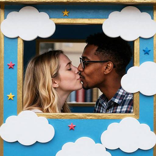 Couple Kissing Through Cloud-Themed Parade Float Window