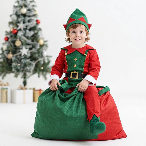 Elf in Santa Costume on Christmas Sack
