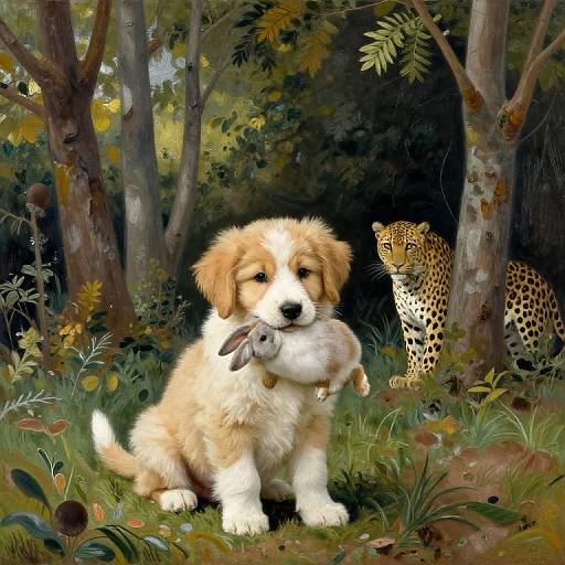 Impressionist Puppy with Rabbit Scene