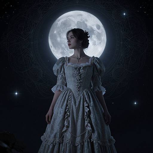 Photograph of a woman in a Victorian-style blue dress, silhouetted against a glowing full moon, with stars in the dark night sky.