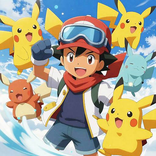 Anime-style digital illustration of Ash Ketchum with Pikachu, Raichu, Eevee, and Glaceon, wearing goggles and red scarf