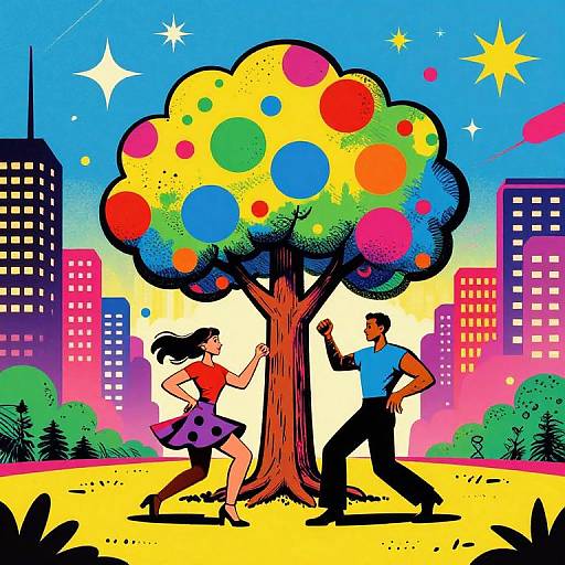 Colorful digital illustration of a man and woman dancing under a vibrant, polka-dotted tree in a city park at sunset.