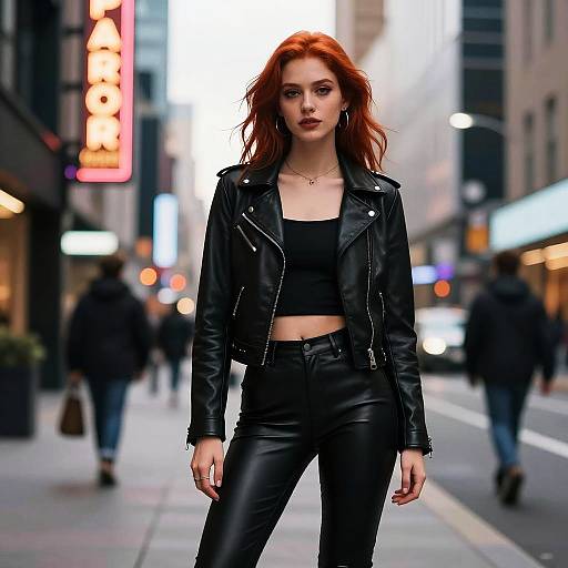 Confident Redhead in Black Leather on City Street