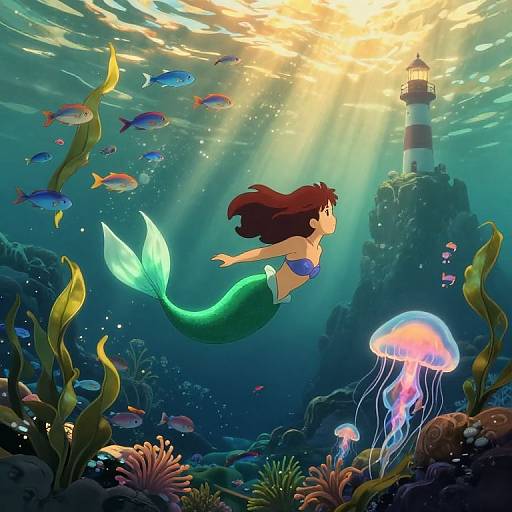 Digital illustration of a green mermaid with flowing brown hair, surrounded by colorful fish, jellyfish, and coral, swimming towards a lighthouse under sunlight