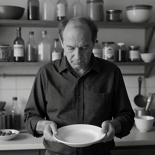 Black-and-White Focused Man in Kitchen