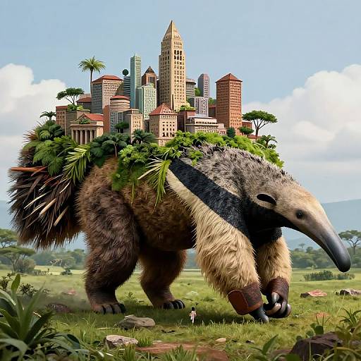 Digital artwork of a giant, furry, armadillo-like creature carrying a city with skyscrapers and trees on its back, in a lush,
