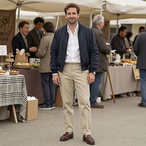 Photograph of a smiling man with curly hair, wearing a navy jacket, white shirt, beige pants, and brown shoes, standing at an outdoor market