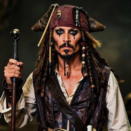 Photograph of a fierce pirate with dreadlocks, dark eye makeup, brown tricorn hat, white shirt, brown vest, holding a wooden staff,