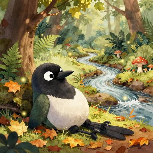 Digital artwork of a cute black-and-white bird with wide eyes sitting on a forest path beside a flowing creek, surrounded by colorful autumn leaves and glowing fairy