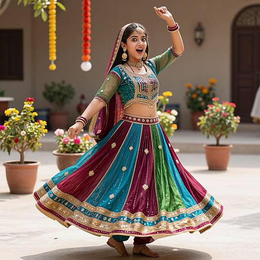 Photograph of a vibrant Indian woman in a traditional lehenga choli, dancing outdoors with colorful attire, jewelry, and potted flowers in the background