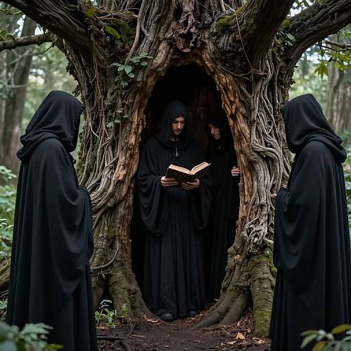 Photograph of three robed figures in a dark forest, one emerging from a large, gnarled tree hollow, holding an open book.